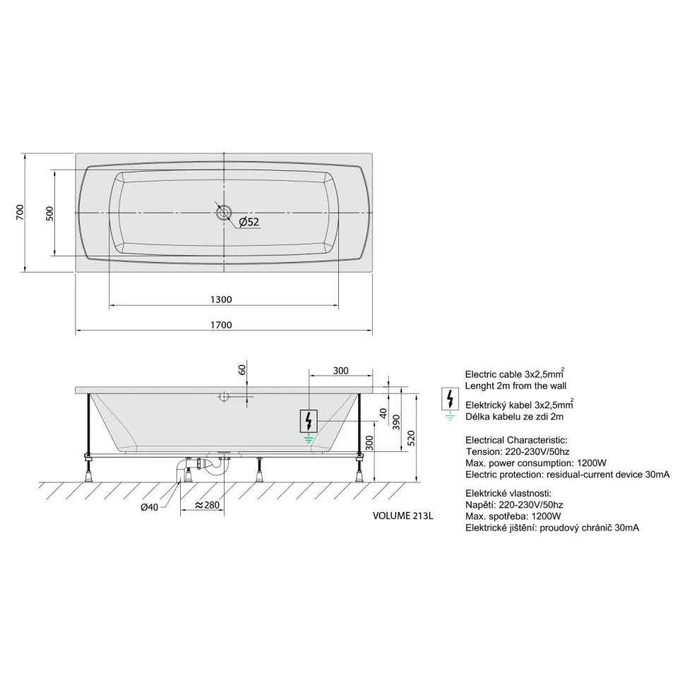 Poreamme Interia Lily Highline Hydro-Air, 1700x700x390mm, 213l, valkoinen