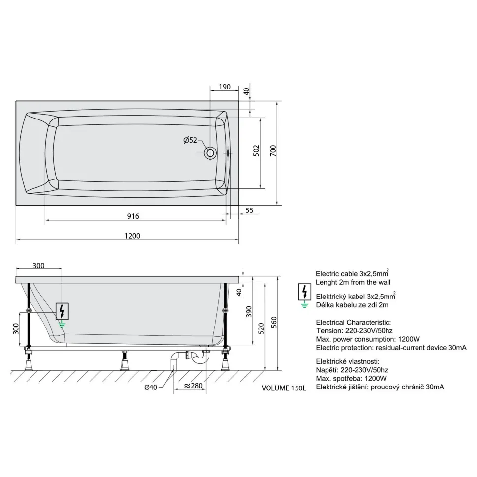 Poreamme Interia Lily Highline Hydro-Air, 1200x700x390mm, 150l, valkoinen