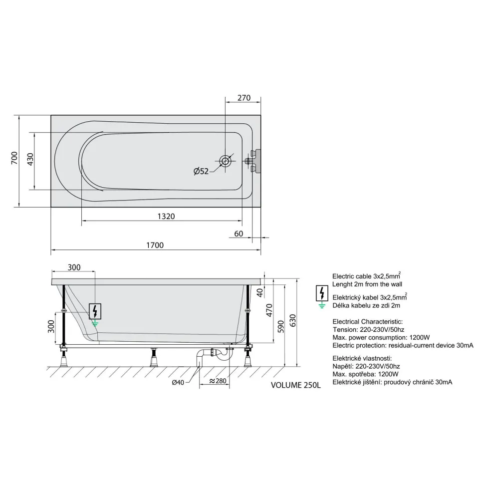 Poreamme Interia Lisa Highline Hydro, 1700x700x470mm, 250l, valkoinen