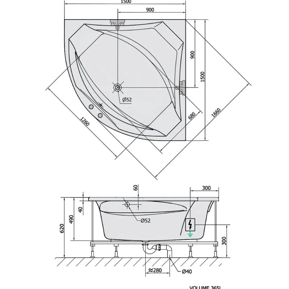 Poreamme Interia Rosana Attraction Hydro-Air, 1500x1500x490mm, 365l, valkoinen