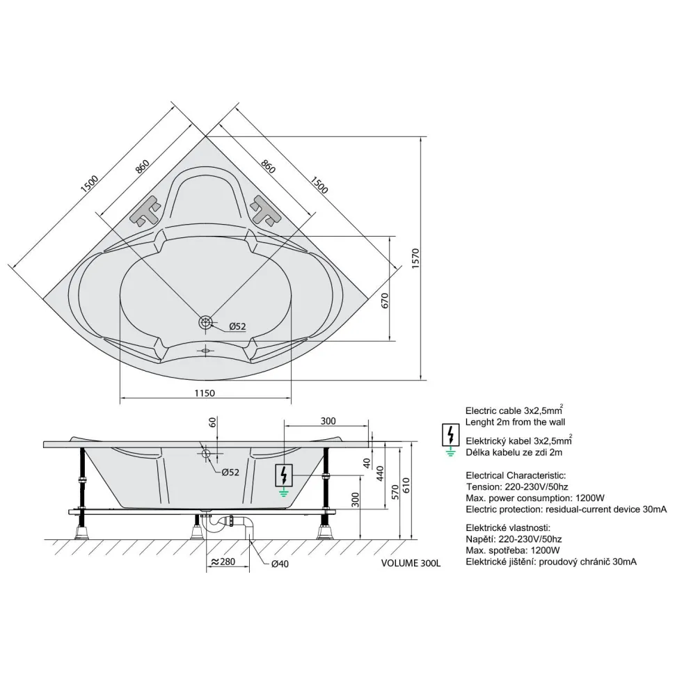 Poreamme Interia Simona Highline Hydro-Air, 1500x1500x440mm, 300l, valkoinen