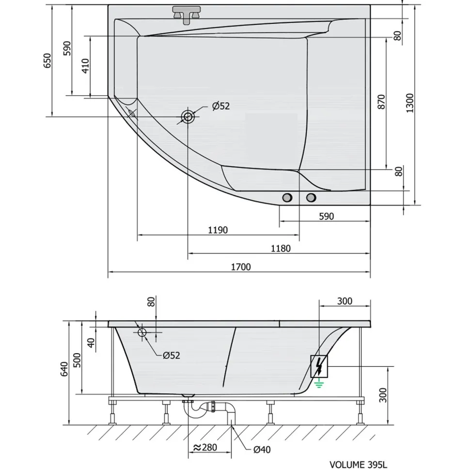 Poreamme Interia Tandem Highline Hydro, 1700x1300x500mm, oikea, 395l, valkoinen