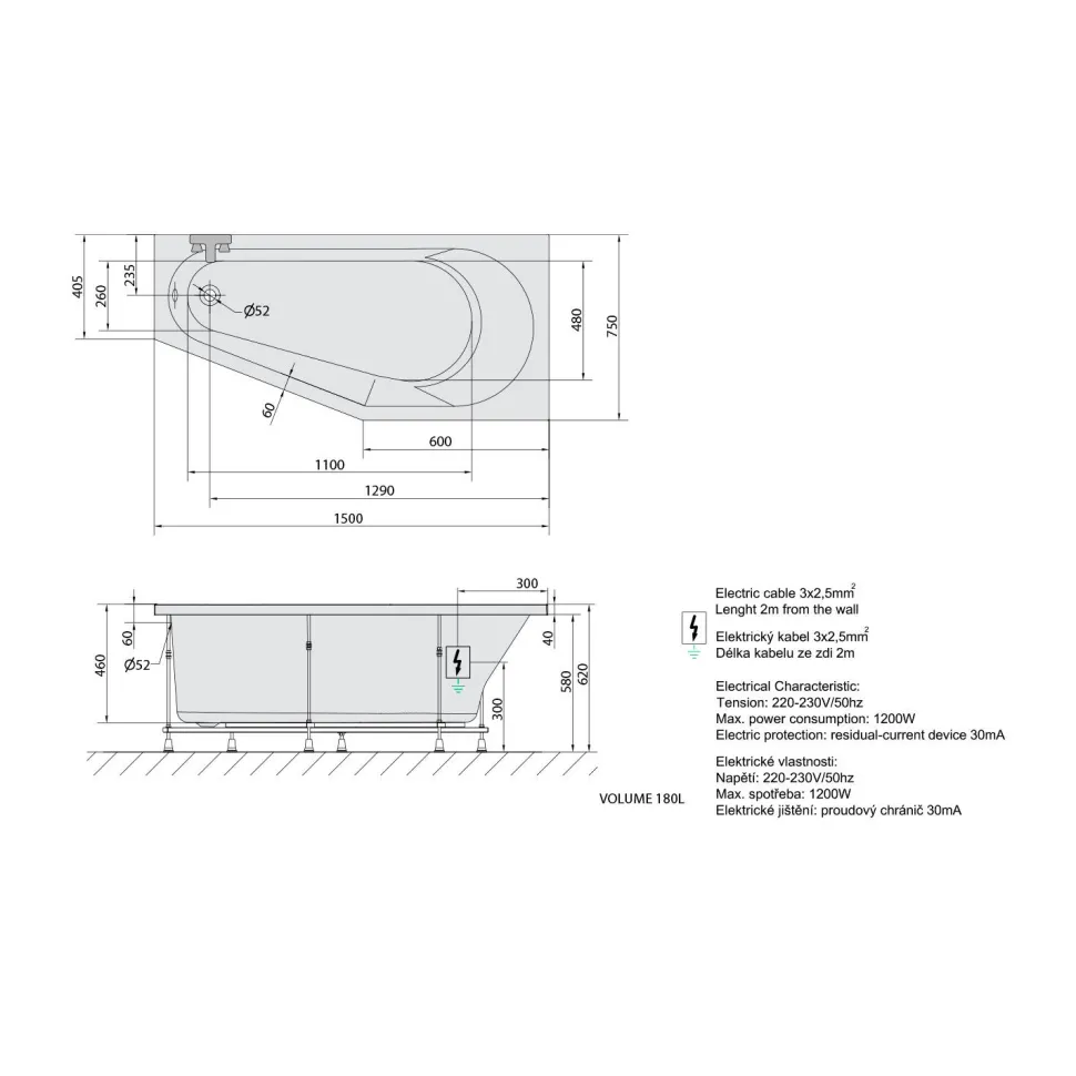 Poreamme Interia Tigra Attraction Hydro, 1500x750x460mm, oikea, 180l, valkoinen