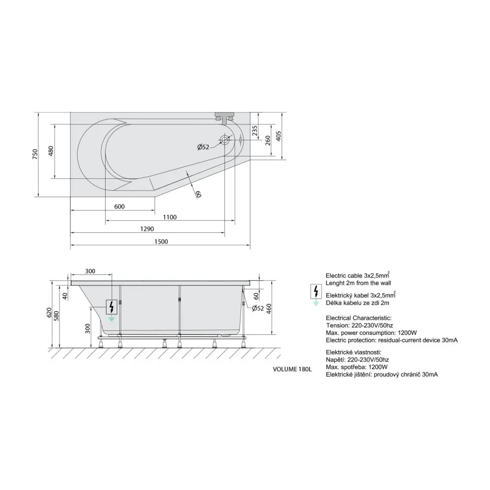 Poreamme Interia Tigra Attraction Hydro-Air, 1500x750x460mm, vasen, 180l, valkoinen