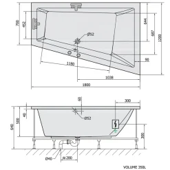 Poreamme Interia Triangl Highline Hydro, 1800x1200x500mm, oikea, 350l, valkoinen