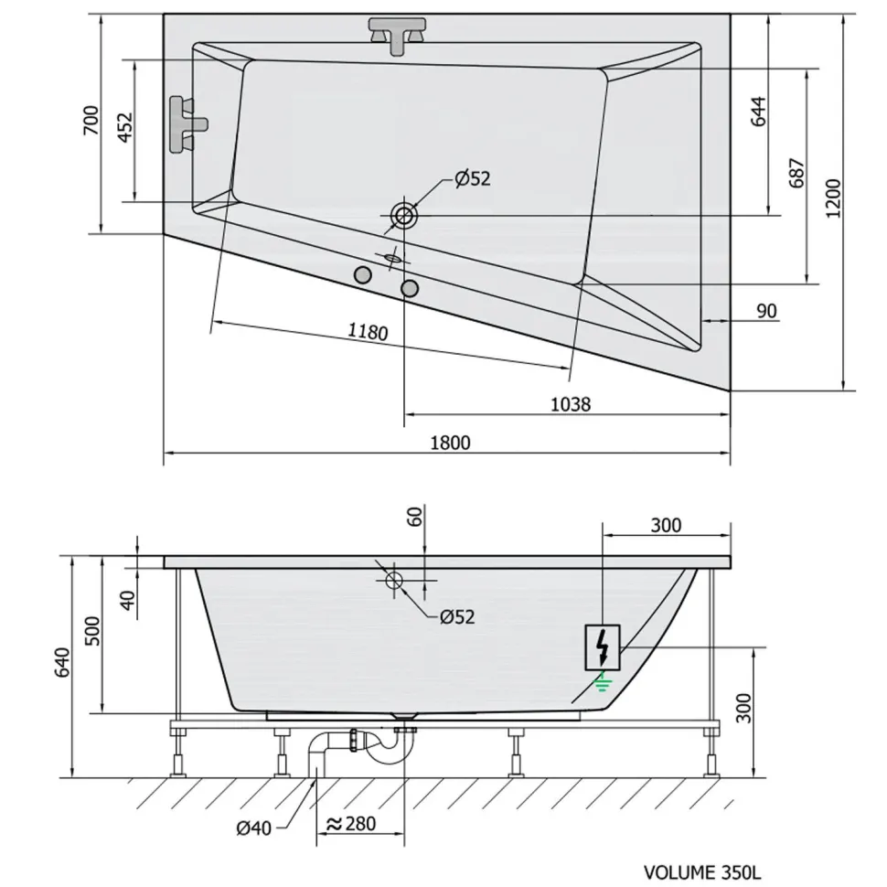 Poreamme Interia Triangl Highline Hydro, 1800x1200x500mm, oikea, 350l, valkoinen