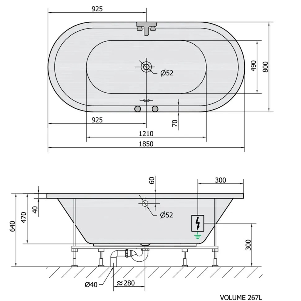 Poreamme Interia Viva Active Hydro-Air, 1850x800x470mm, 267l, valkoinen