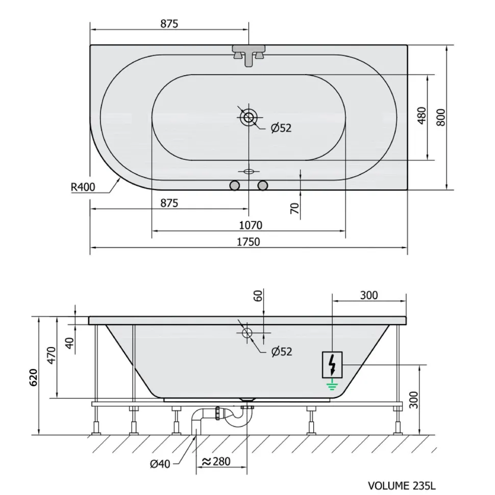 Poreamme Interia Viva Active Hydro-Air, 1750x800x470mm, oikea, 235l, valkoinen