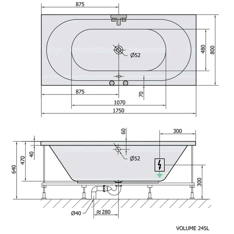 Poreamme Interia Viva Active Hydro-Air, 1750x800x470mm, 235l, kulmikas, valkoinen