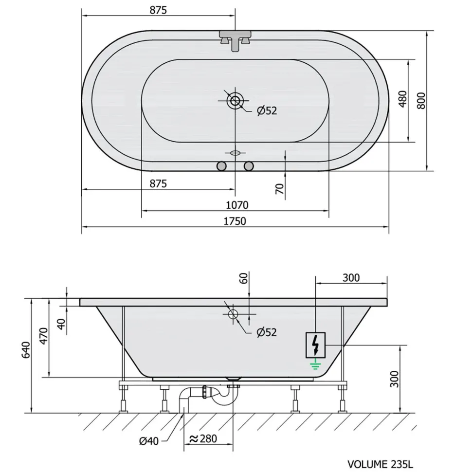 Poreamme Interia Viva Attraction Hydro-Air, 1750x800x470mm, 235l, valkoinen