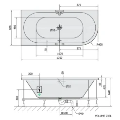 Poreamme Interia Viva Highline Hydro-Air, 1750x800x470mm, vasen, 235l, valkoinen