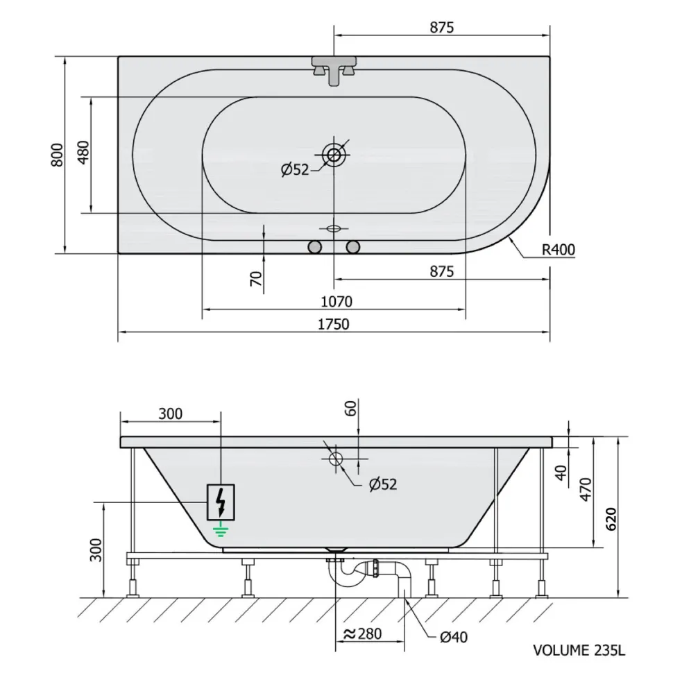 Poreamme Interia Viva Highline Hydro-Air, 1750x800x470mm, vasen, 235l, valkoinen