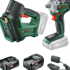Renkaanvaihtosarja Bosch DIY iskumutterinväännin + paineilmapumppu 18V 2,0+4,0 Ah akuilla