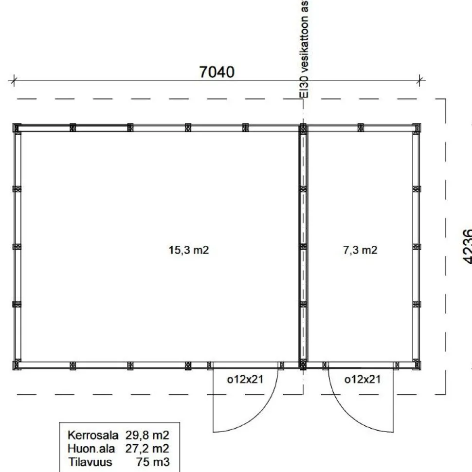 Roskakatos Timburg RK30V, 7040x4236mm, 29.8m², puuvalmis