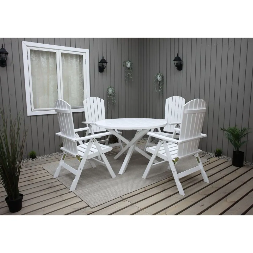 Ruokailuryhmä Baltic Garden Scottsdale Ø112cm pöytä + 4 Kungshamn tuolia valkoinen