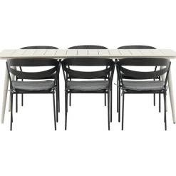 Ruokailuryhmä ulos Venture Home, beige Lina-pöytä 200x90cm + 6 mustaa Slit-tuolia