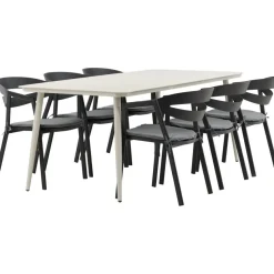 Ruokailuryhmä ulos Venture Home, beige Lina-pöytä 200x90cm + 6 mustaa Slit-tuolia