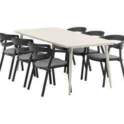 Ruokailuryhmä ulos Venture Home, beige Lina-pöytä 200x90cm + 6 mustaa Slit-tuolia