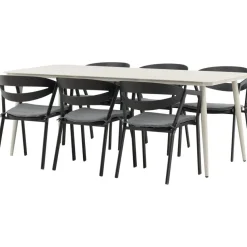 Ruokailuryhmä ulos Venture Home, beige Lina-pöytä 200x90cm + 6 mustaa Slit-tuolia