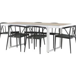 Ruokailuryhmä Venture Home, 200x90cm, beige/valkoinen Merlo-pöytä + 6 mustaa Stina-tuolia