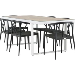 Ruokailuryhmä Venture Home, 200x90cm, beige/valkoinen Merlo-pöytä + 6 mustaa Stina-tuolia