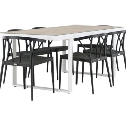 Ruokailuryhmä Venture Home, 200x90cm, beige/valkoinen Merlo-pöytä + 6 mustaa Stina-tuolia