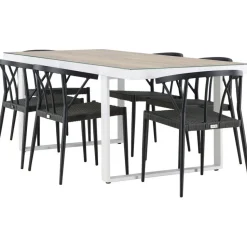Ruokailuryhmä Venture Home, 200x90cm, beige/valkoinen Merlo-pöytä + 6 mustaa Stina-tuolia