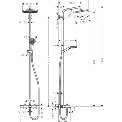 Sadesuihkusetti Hansgrohe Crometta S Showerpipe 240 1jet, termostaattihanalla, juoksuputkella, suihkupää ⌀240mm, kiiltävä kromi