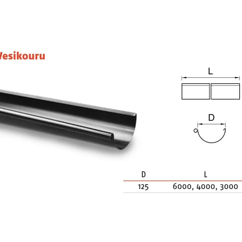 Sadevesijärjestelmä Ruukki puolipyöreä: vesikouru 4.0m ø125mm, eri värejä