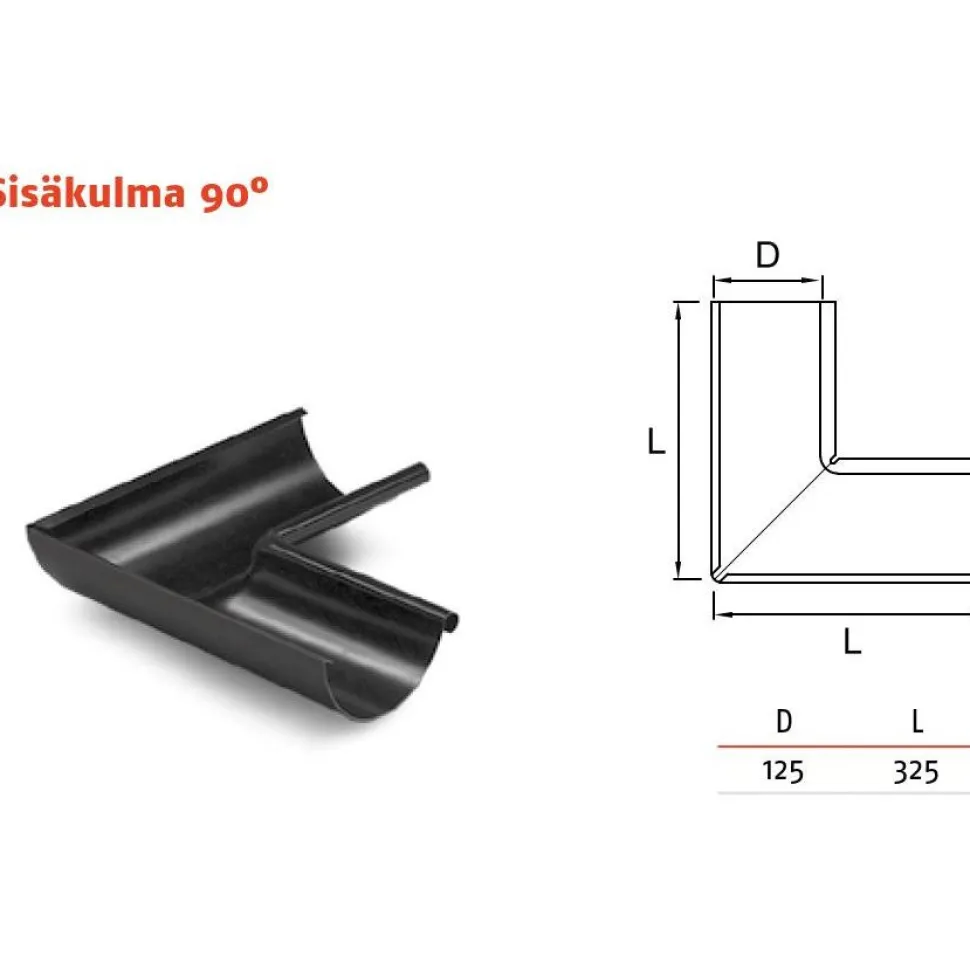 Sadevesijärjestelmä Ruukki puolipyöreä: kourun sisäkulma 90° ø125mm, eri värejä