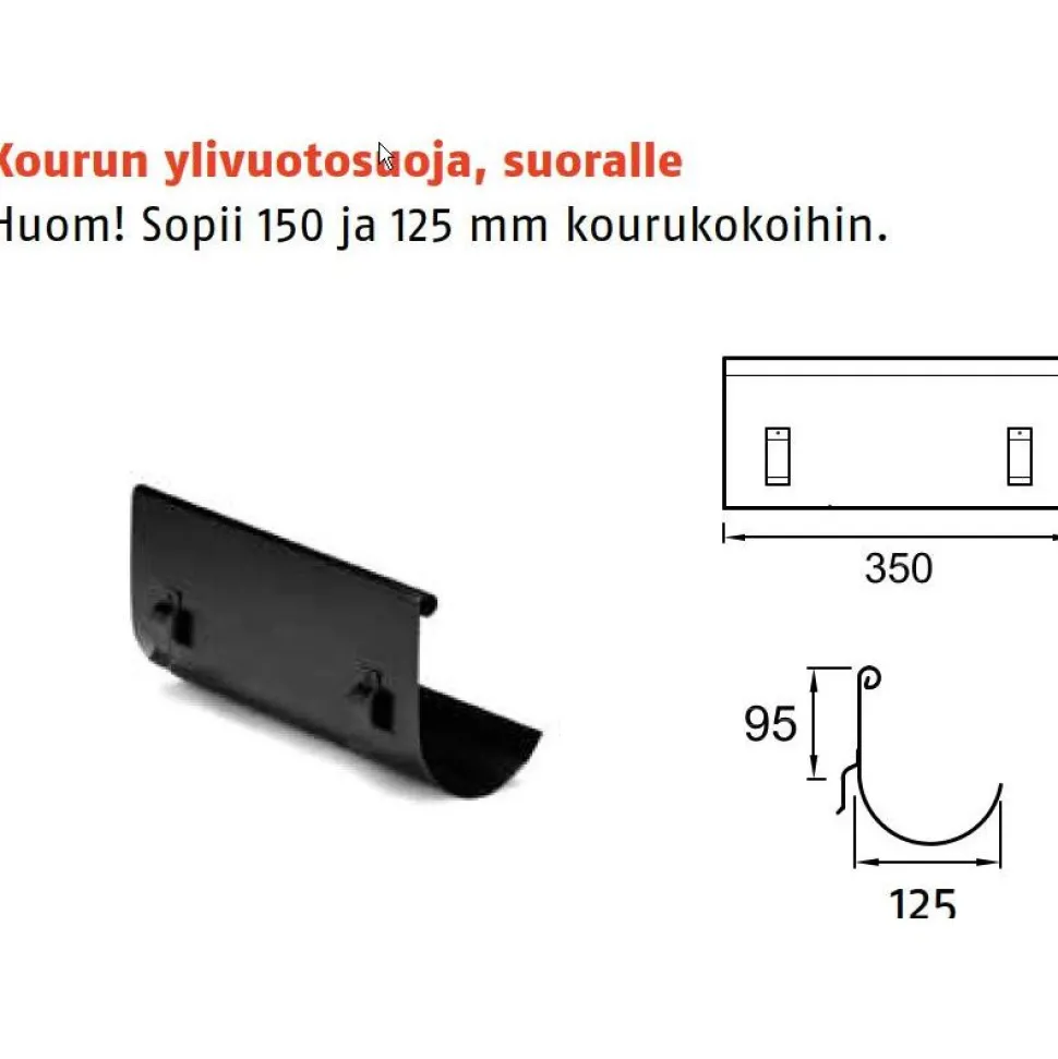 Sadevesijärjestelmä Ruukki puolipyöreä: kourun ylimenosuoja, suora, eri värejä