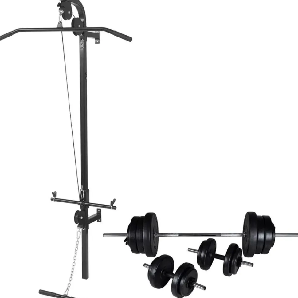 Seinään kiinnitettävä kuntolaite levytanko- ja käsipainosarjalla, 60.5kg