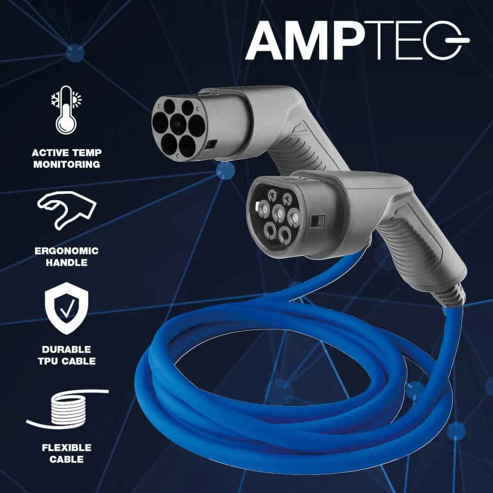 Sähköauton latauskaapeli Amptec, Type2, 3-vaihe, 32A, 22kW, 7.5m kaapeli, Mode3