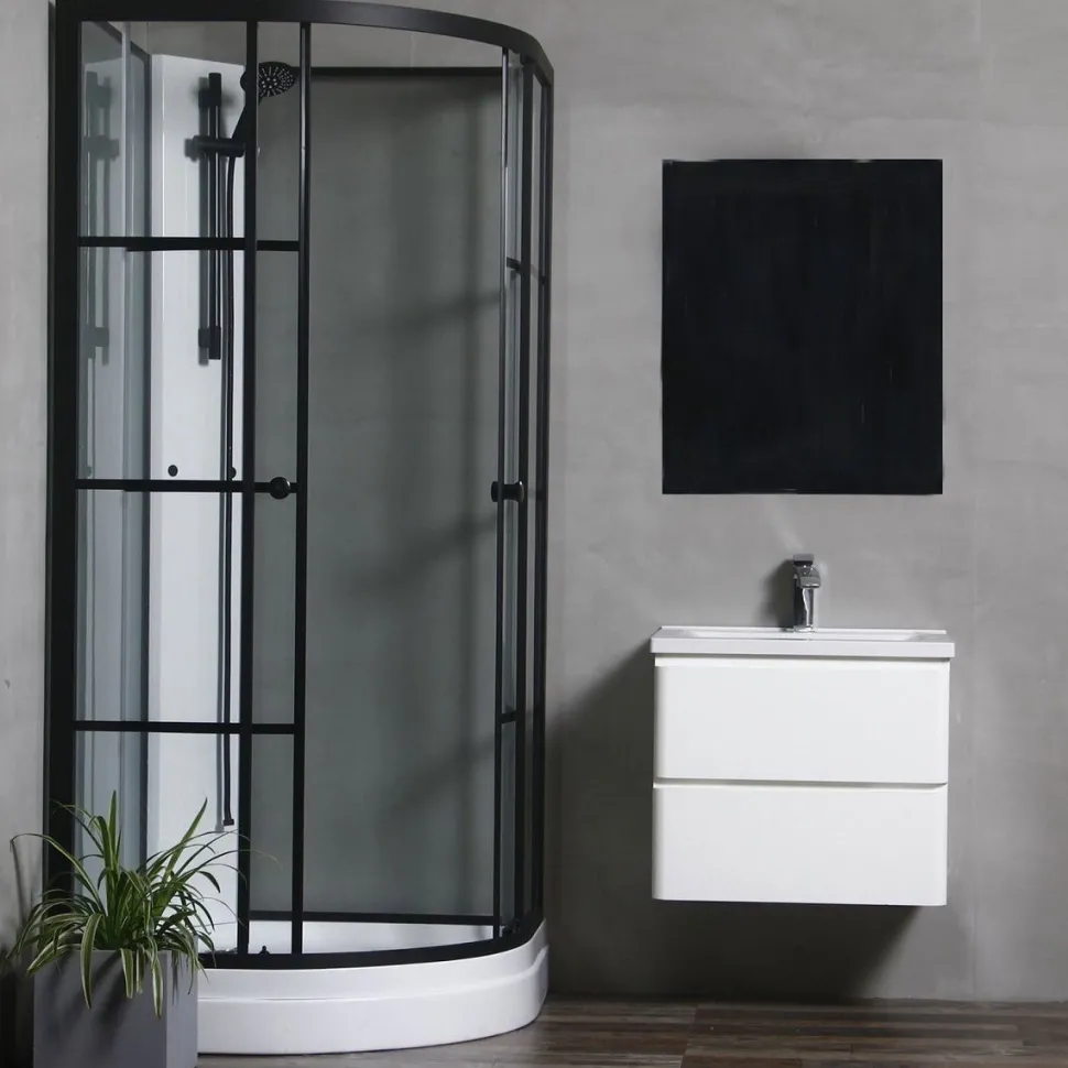 Suihkukaappi Bathlife Betrakta 900x900 mm pyöreä musta kehys valkoinen suihkuseinä