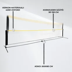 Sulkapalloverkko React Korkeus Säädettävä, sis. kantolaukku ja maakiilat, 500x80 cm
