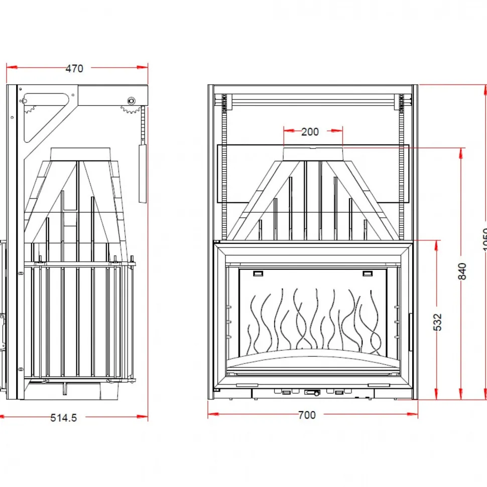 Takkasydän 700 Grande Vision, ylös avautuva luukku, 14 kW, harmaa/malmi, 162 kg