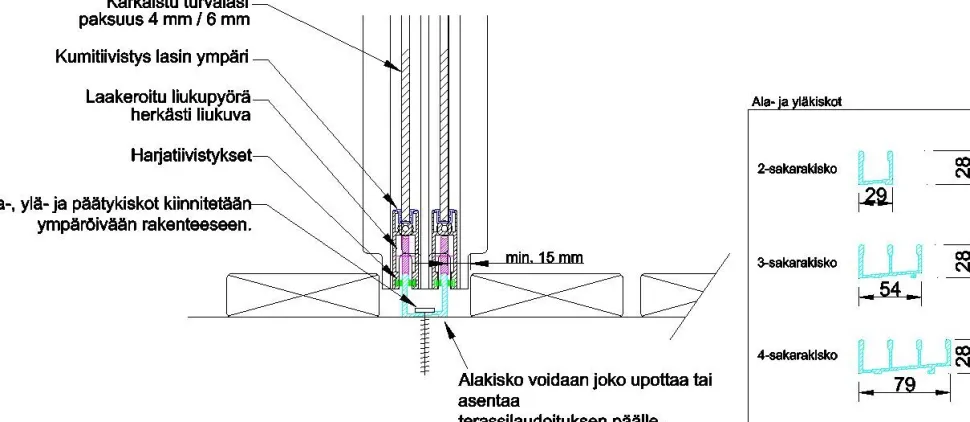 Terassin lasiliukuovi Keraplast, 4-os., harmaa, kirkas lasi, mittatilaus