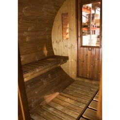 Tynnyrisauna SpaDealers vaakamalli Ø200x260cm lämpöpuu sis. puukiukaan ja savupiipun