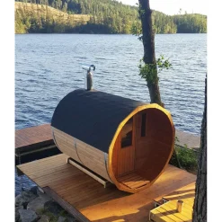 Tynnyrisauna SpaDealers vaakamalli Ø200x260cm lämpöpuu sis. puukiukaan ja savupiipun