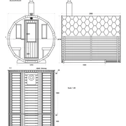 Tynnyrisauna SpaDealers vaakamalli Ø200x260cm lämpöpuu sis. puukiukaan ja savupiipun