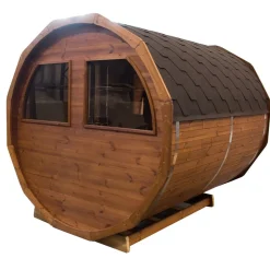 Tynnyrisauna SpaDealers vaakamalli Ø200x260cm lämpöpuu sis. puukiukaan ja savupiipun