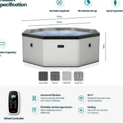 Ulkoporeallas Wave Spa Como, 6 hlöä, 90 suutinta, WiFi, kahdeksankulmainen, koottava, valkoinen