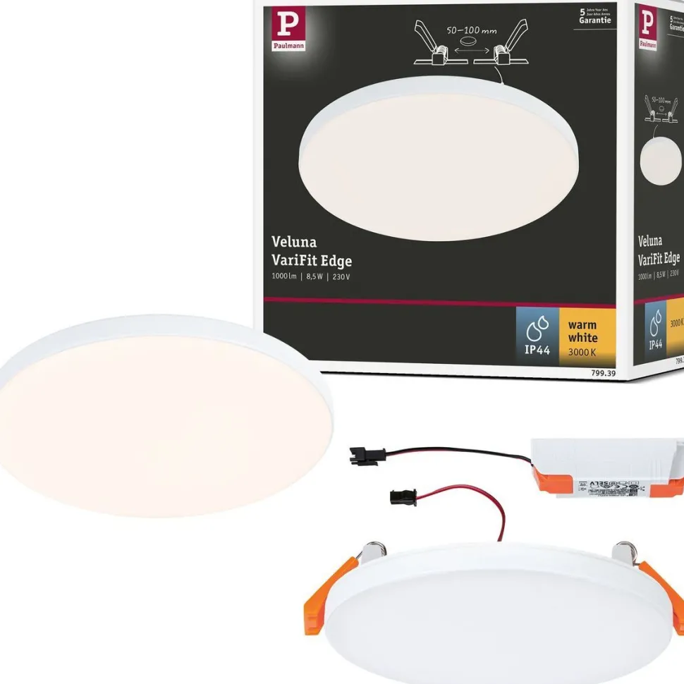 Upotettava LED-paneeli Paulmann VariFit Veluna Edge, IP44, Ø12cm, 8.5W, 3000K, valkoinen