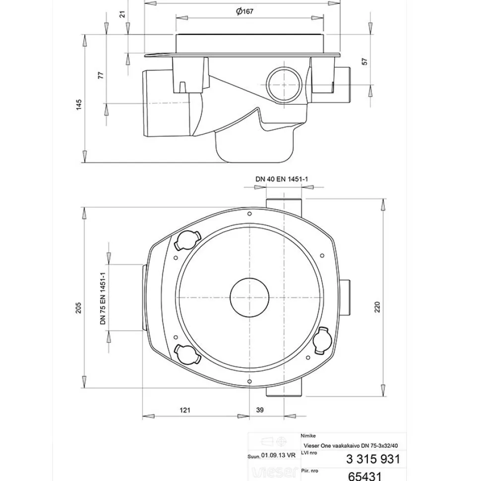 Vaakakaivo Vieser One DN75 3x32/40 ilman valutukia