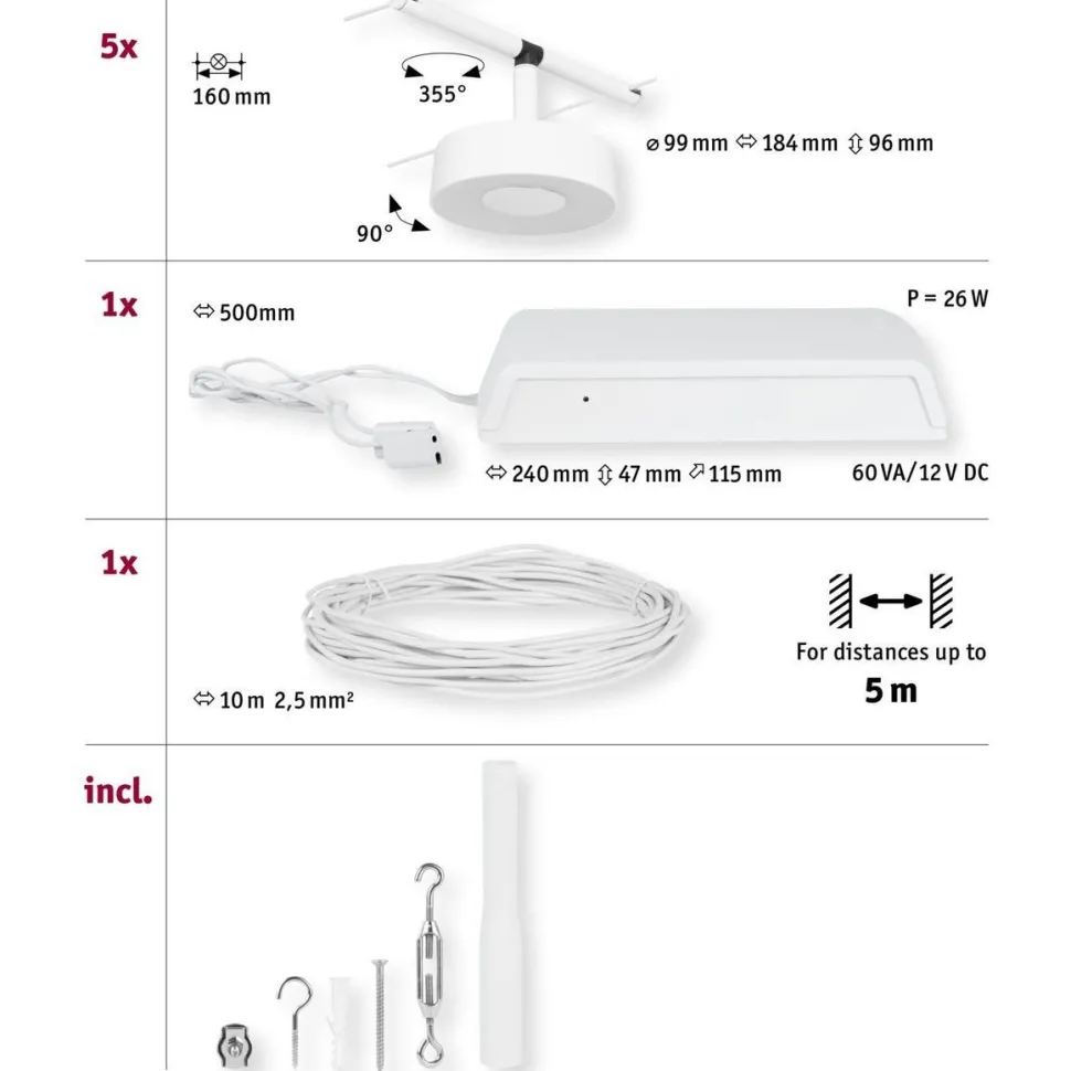 Vaijerivalaisinsetti Paulmann CorDuo Circle, 5x180lm, 5x5W, 3000K, 230/12V, eri värejä