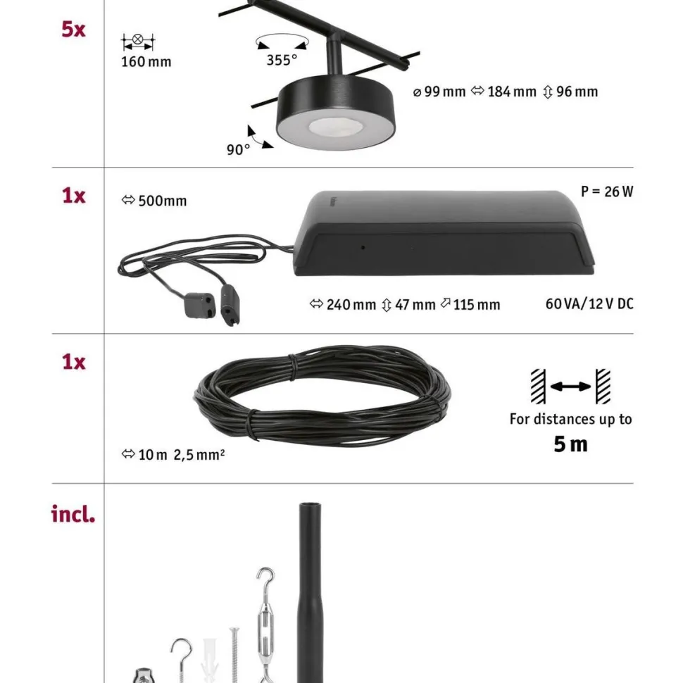 Vaijerivalaisinsetti Paulmann CorDuo Circle, 5x180lm, 5x5W, 3000K, 230/12V, eri värejä