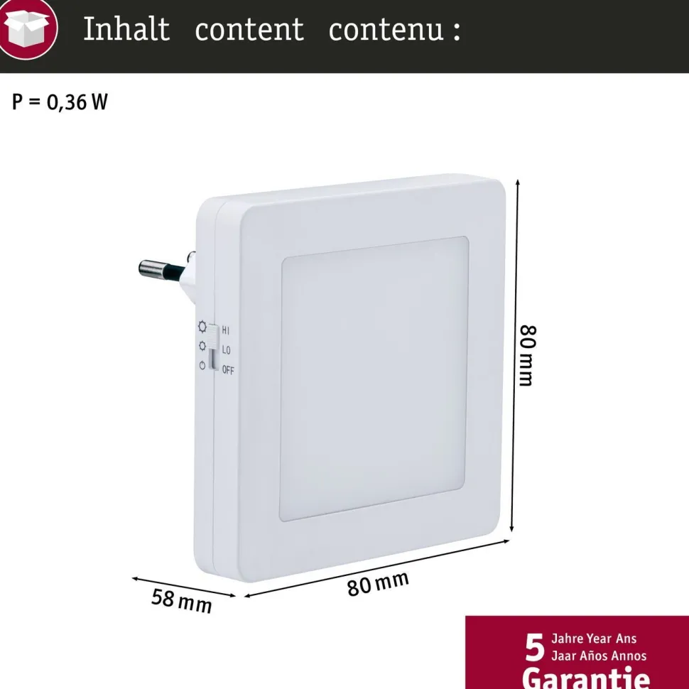 Yövalo Paulmann Esby Square, 3000K, 0,7lm, hämärätunnistin